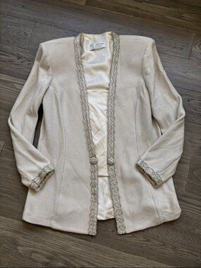 St. John |Ivory Gold Knit Open-Front Blazer with Braided Trim Jewels Small FLAWS